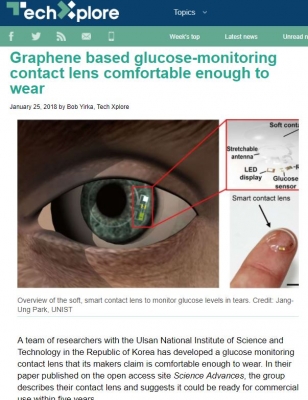 미국 'Tech Xplore'에 연구결과 소개 ('Graphene based glucose-monitoring contact lens comfortable enough to wear')