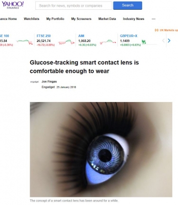 영국 'Yahoo Finance UK'에 연구결과 소개 ('Glucose-tracking smart contact lens is comfortable enough to wear')