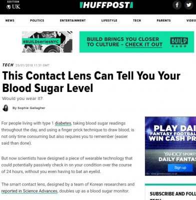 영국 'HuffPost UK'에 연구결과 소개 ('This Contact Lens Can Tell You Your Blood Sugar Level')