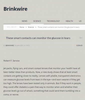 미국 'Brinkwire'에 연구결과 소개 ('These smart contacts can monitor the glucose in tears')