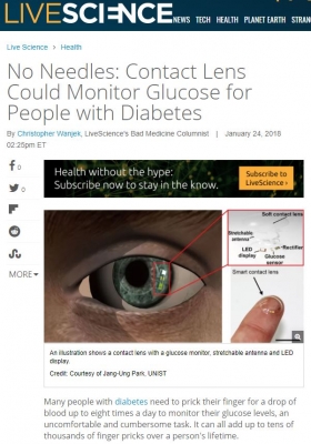 미국 'Live Science'에 연구결과 소개 ('No Needles: Contact Lens Could Monitor Glucose for People with Diabetes')