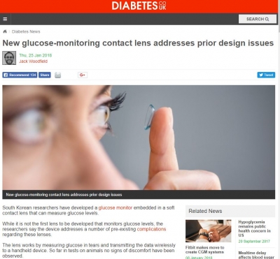 영국 'Diabetes.co.uk'에 연구결과 소개 ('New glucose-monitoring contact lens addresses prior design issues')