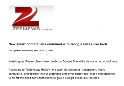 'New smart contact lens crammed with Google Glass-like tech' ('Zee News'에 소개)	