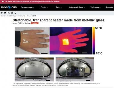 [해외보도] PHYS ORG : Strethcable, transparent heater made from metallic glass