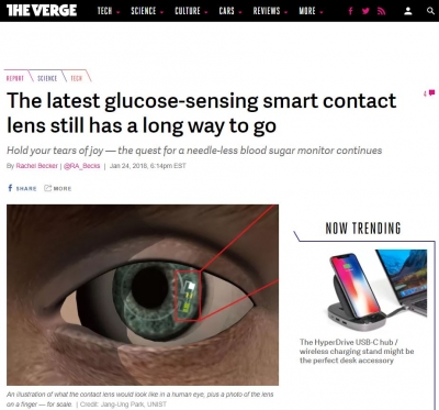 미국 'The Verge'에 연구결과 소개 ('The latest glucose-sensing smart contact lens still has a long way to go')