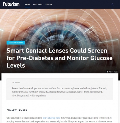 미국 'Futurism'에 연구결과 소개 ('Smart Contact Lenses Could Screen for Pre-Diabetes and Monitor Glucose Levels')