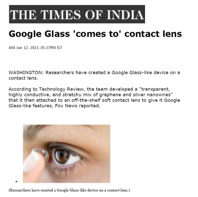 'Google Glass 'comes to' contact lens' ('The Times Of India'에 소개)	 