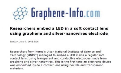 'Researchers embed a LED in a soft contact lens using graphene and silver-nanowires electrode'		