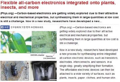 미국, 'Dailynewsen'에 연구결과 소개 ('Flexible all-carbon electronics integrated onto plants, insects, and
