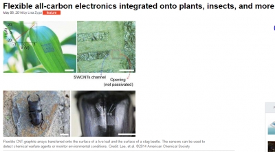 미국 'Phys.org'에 연구결과 소개 ('Flexible all-carbon electronics integrated onto plants, insects, and mor