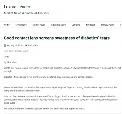 미국 'Luxora Leader'에 연구결과 소개 ('Good contact lens screens sweetness of diabetics’ tears')